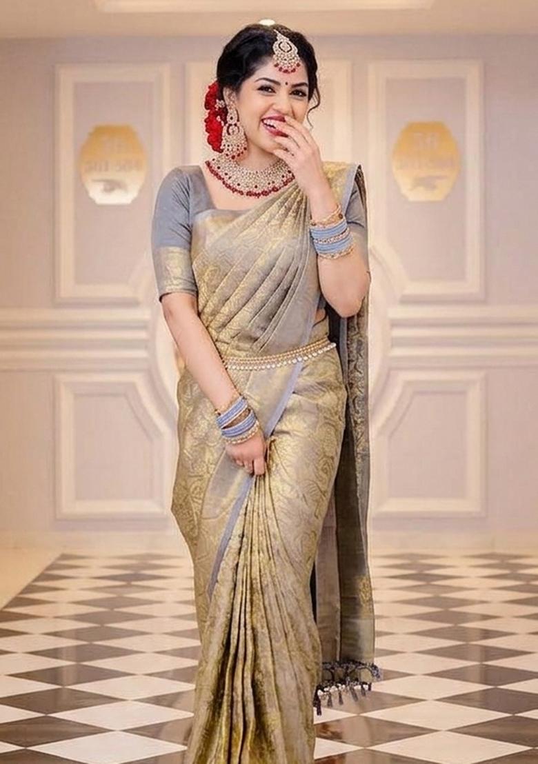 Golden Zari Weaving Silk Saree Set - Indya