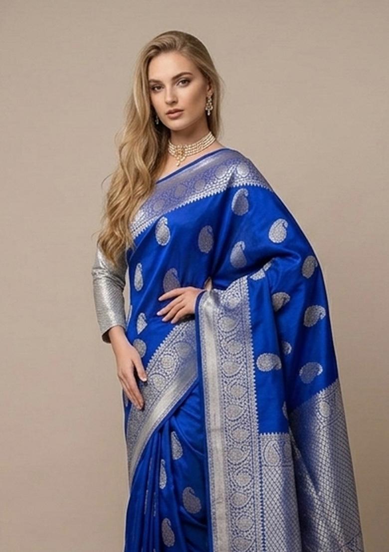 Blue Zari Weaving Silk Saree Set - Indya