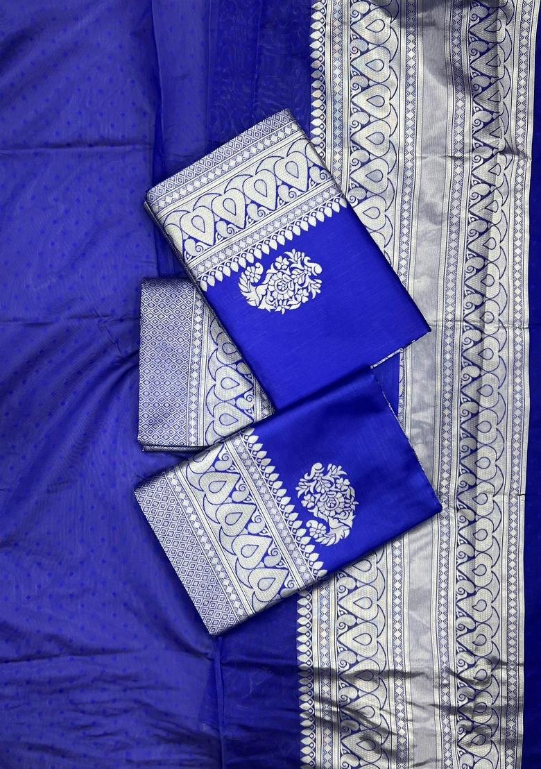 Blue Zari Weaving Silk Saree Set - Indya