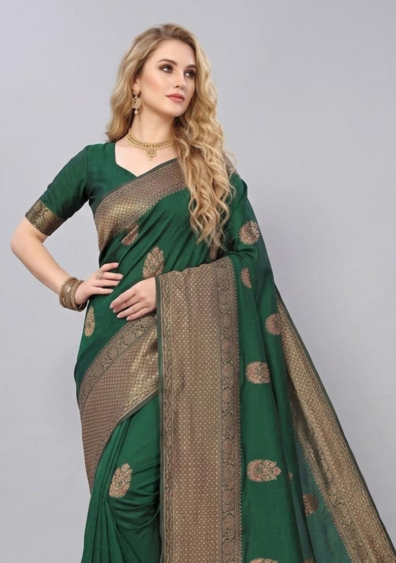 Green Zari Weaving Silk Saree Set - Indya