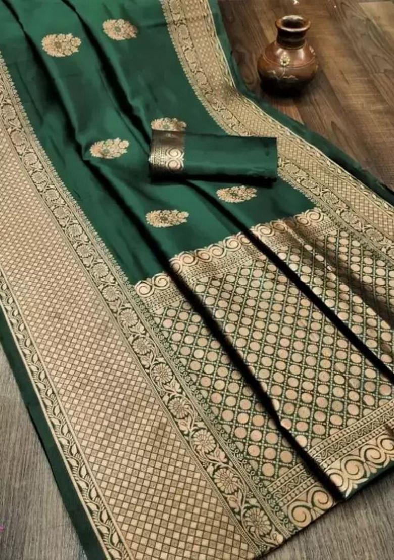 Green Zari Weaving Silk Saree Set - Indya
