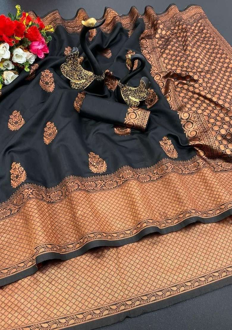 Black Zari Weaving Silk Saree Set for Diwali | Wedding & Festive Wear - Indya