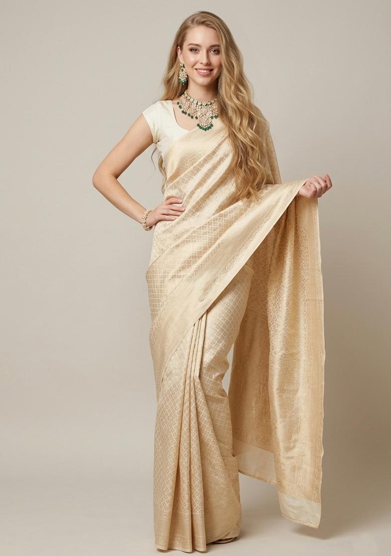 Beige Zari Weaving Silk Saree Set - Indya