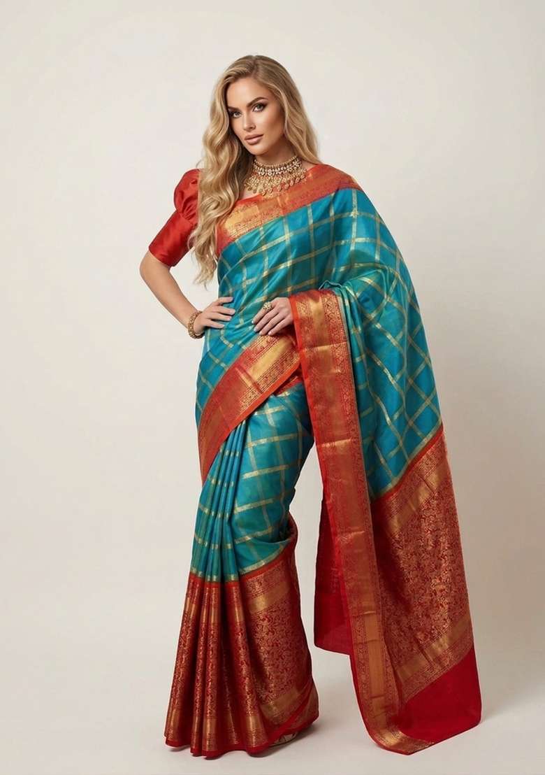 Light Blue Zari Weaving Silk Saree Set for Diwali and Festive Wear - Indya