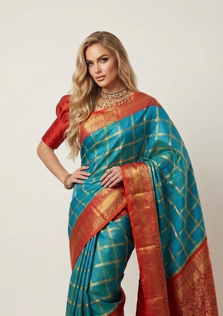 Light Blue Zari Weaving Silk Saree Set - Indya
