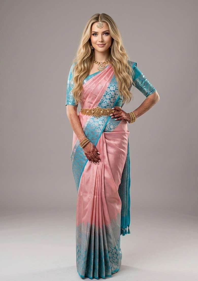 Pink Zari Weaving Silk Saree Set for Diwali and Festive Wear - Indya