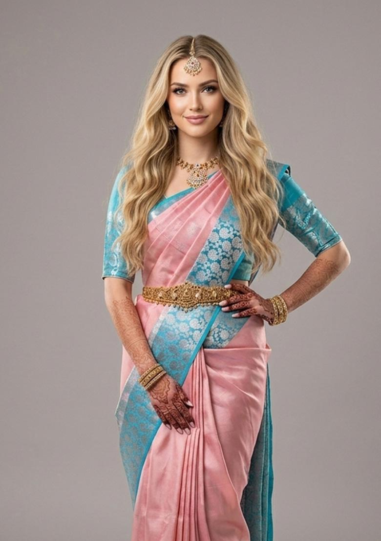 Pink Zari Weaving Silk Saree Set - Indya