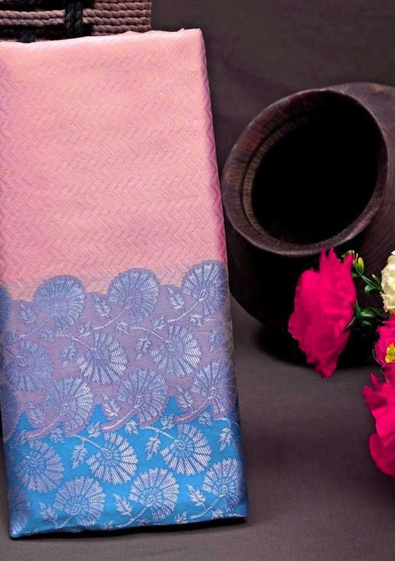 Pink Zari Weaving Silk Saree Set for Diwali and Festive Wear - Indya