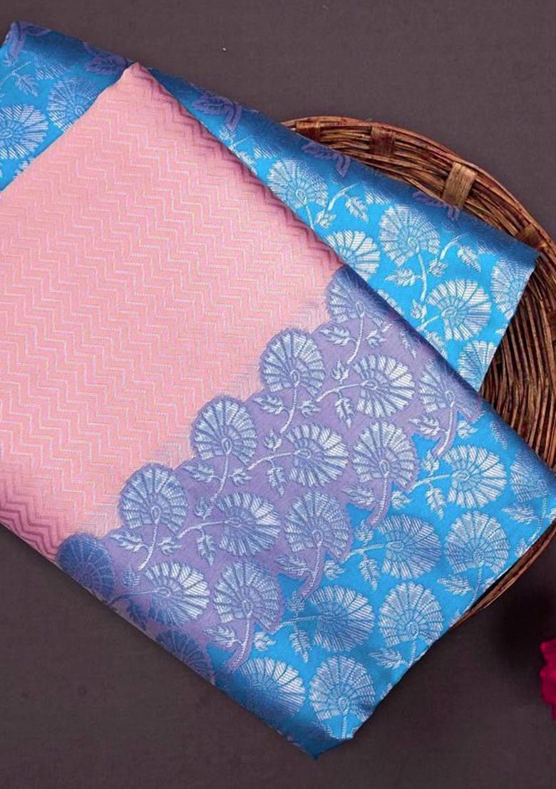 Pink Zari Weaving Silk Saree Set - Indya