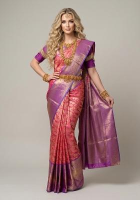 Pink Zari Weaving Silk Saree Set
