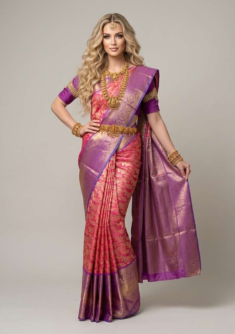 Pink Zari Weaving Silk Saree Set for Diwali and Festive Wear - Indya