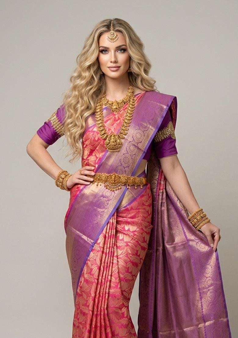 Pink Zari Weaving Silk Saree Set - Indya