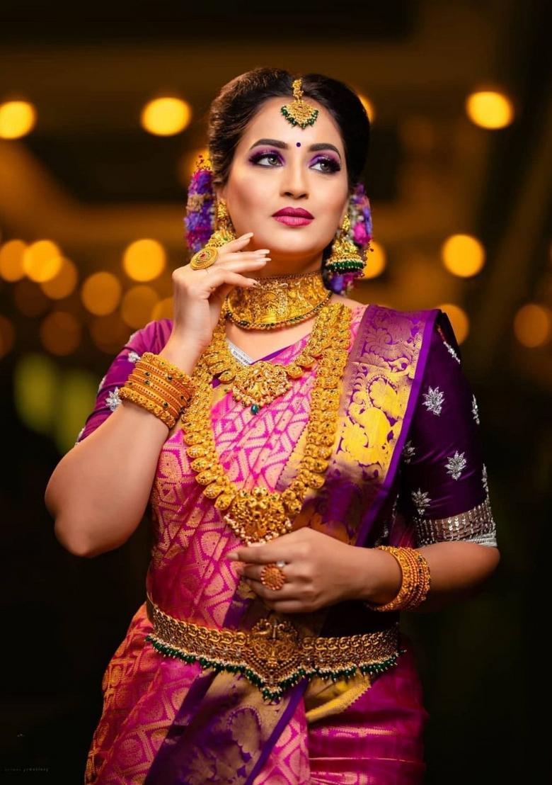 Pink Zari Weaving Silk Saree Set - Indya