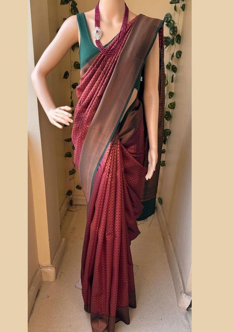 Maroon Zari Weaving Silk Saree Set - Indya