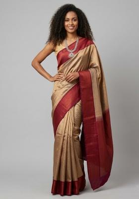 Beige Zari Weaving Silk Saree Set