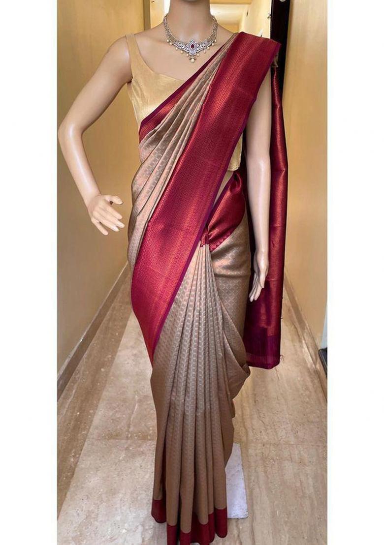 Beige Zari Weaving Silk Saree Set - Indya
