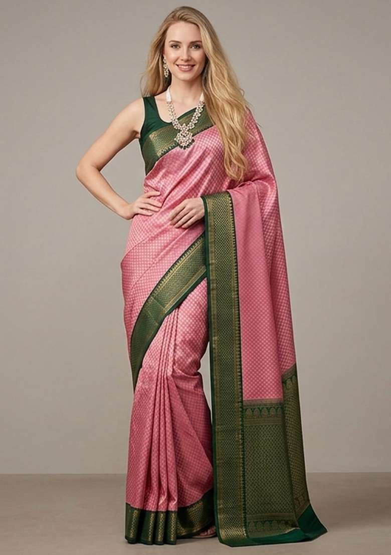 Pink Zari Weaving Silk Saree Set for Diwali and Festive Wear - Indya