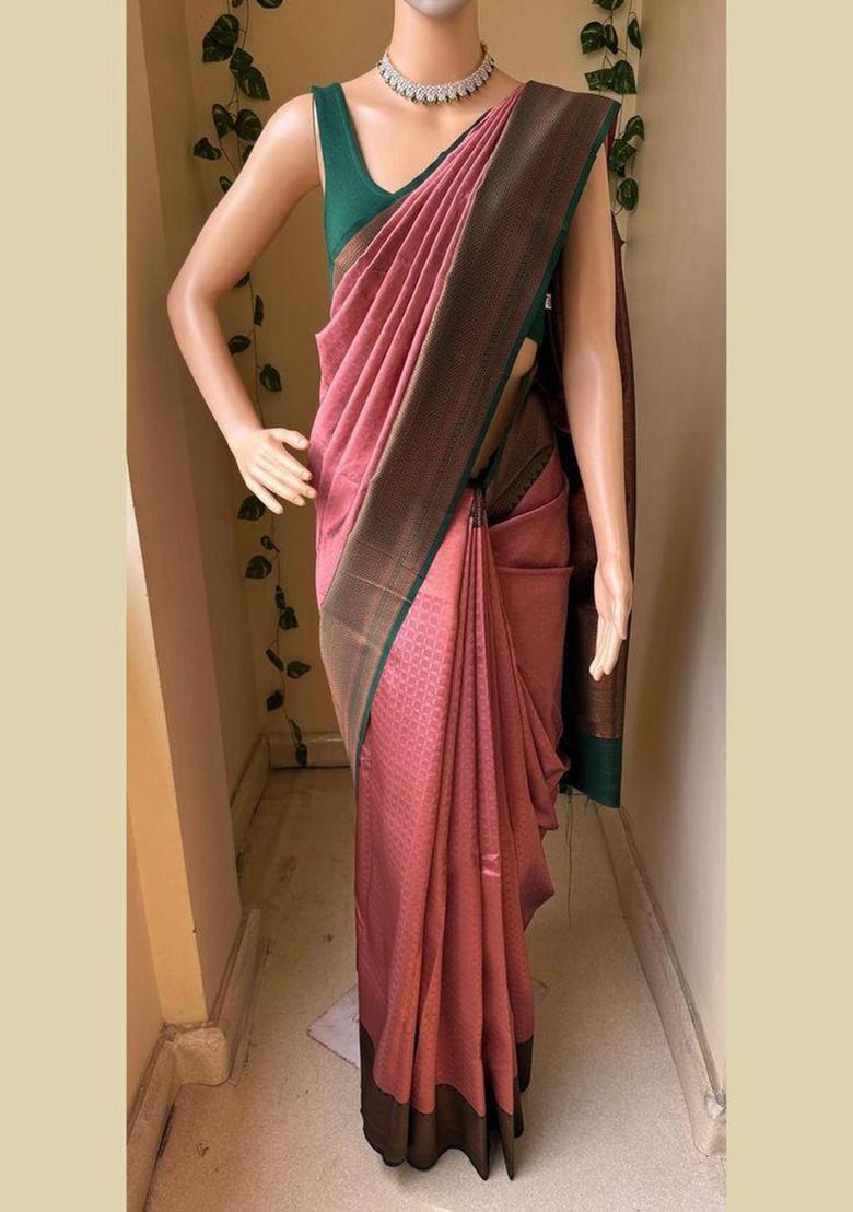 Pink Zari Weaving Silk Saree Set - Indya