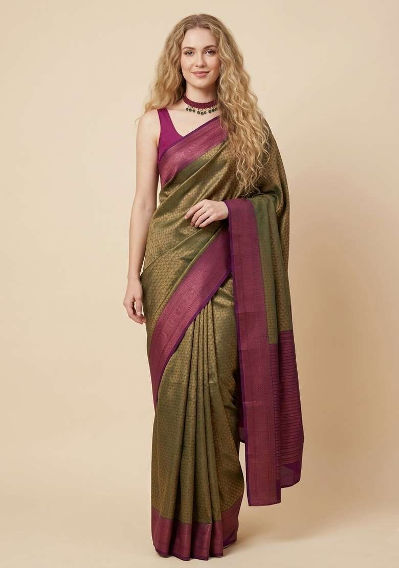Olive Zari Weaving Silk Saree Set for Diwali | Wedding & Festive Wear - Indya