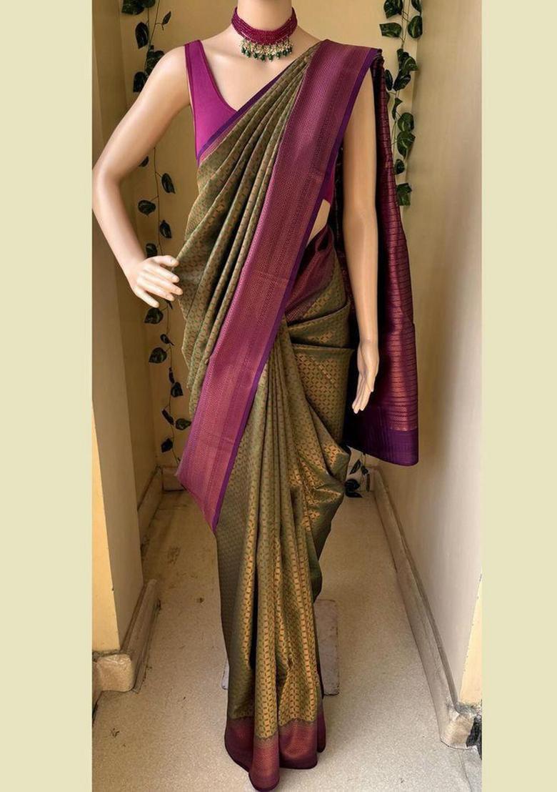 Olive Zari Weaving Silk Saree Set - Indya