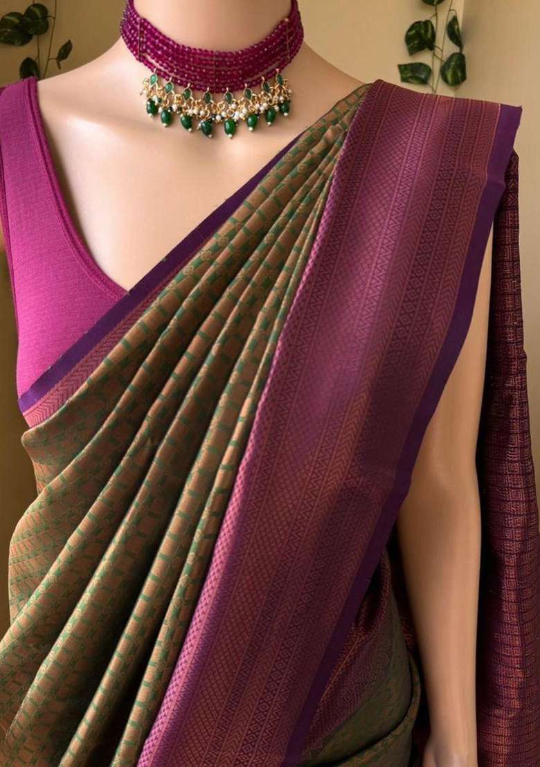 Olive Zari Weaving Silk Saree Set for Diwali | Wedding & Festive Wear - Indya