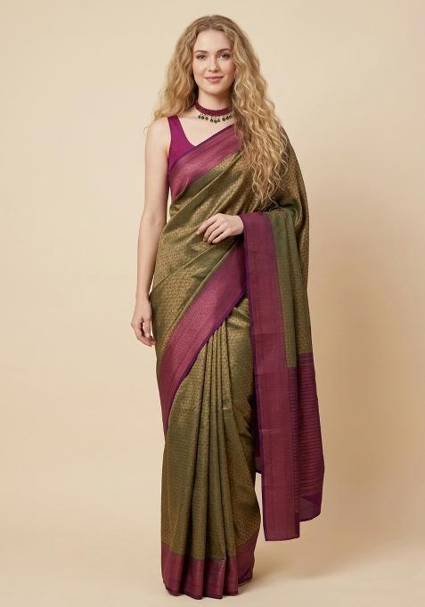 Olive Zari Weaving Silk Saree Set