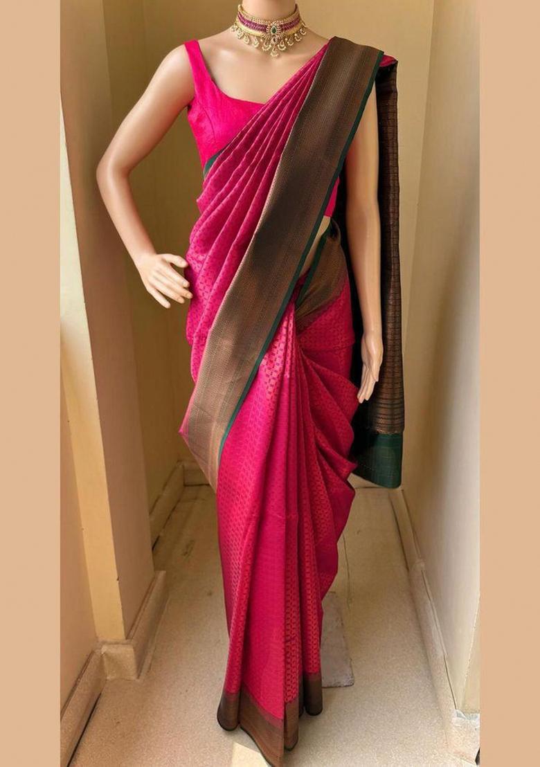 Pink Zari Weaving Silk Saree Set - Indya