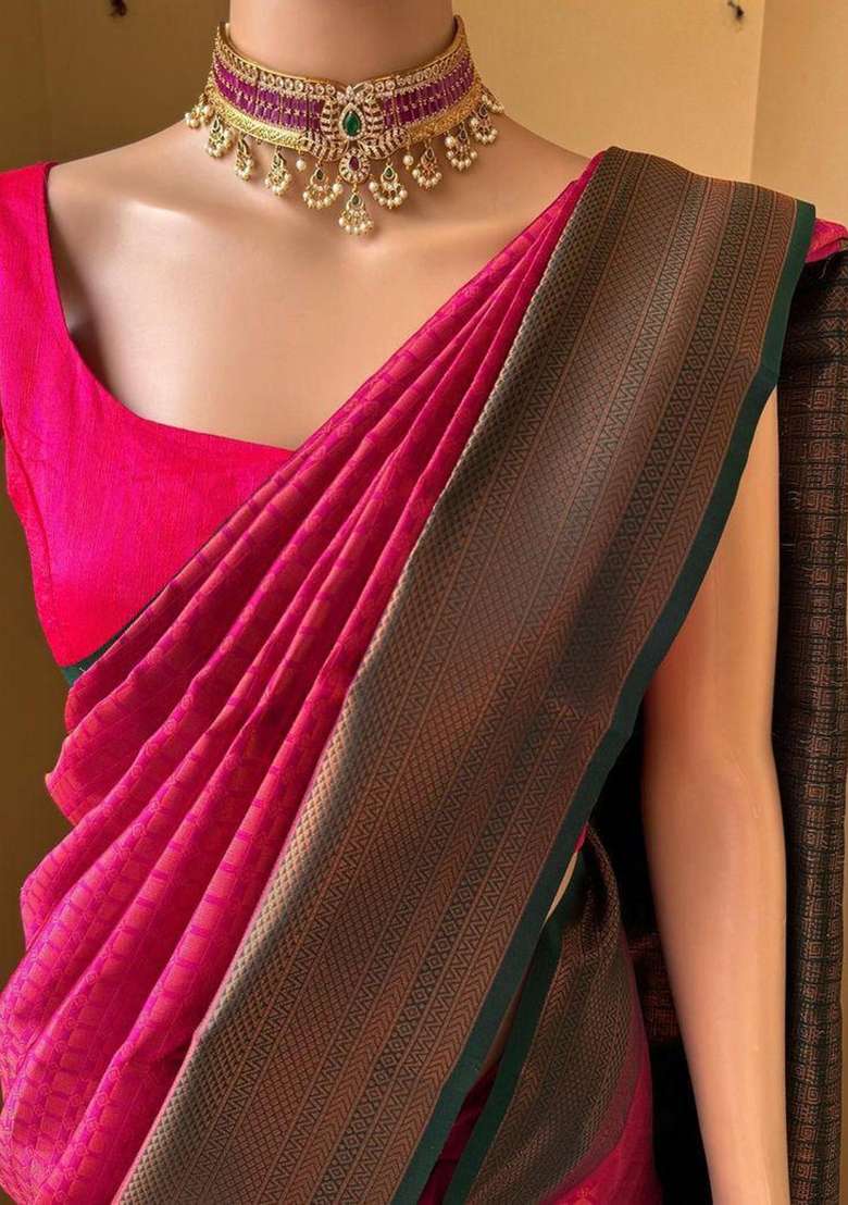 Pink Zari Weaving Silk Saree Set for Diwali and Festive Wear - Indya