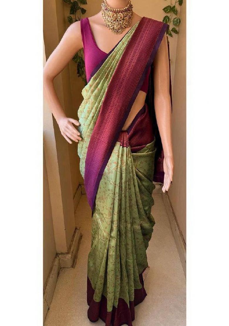 Green Zari Weaving Silk Saree Set - Indya