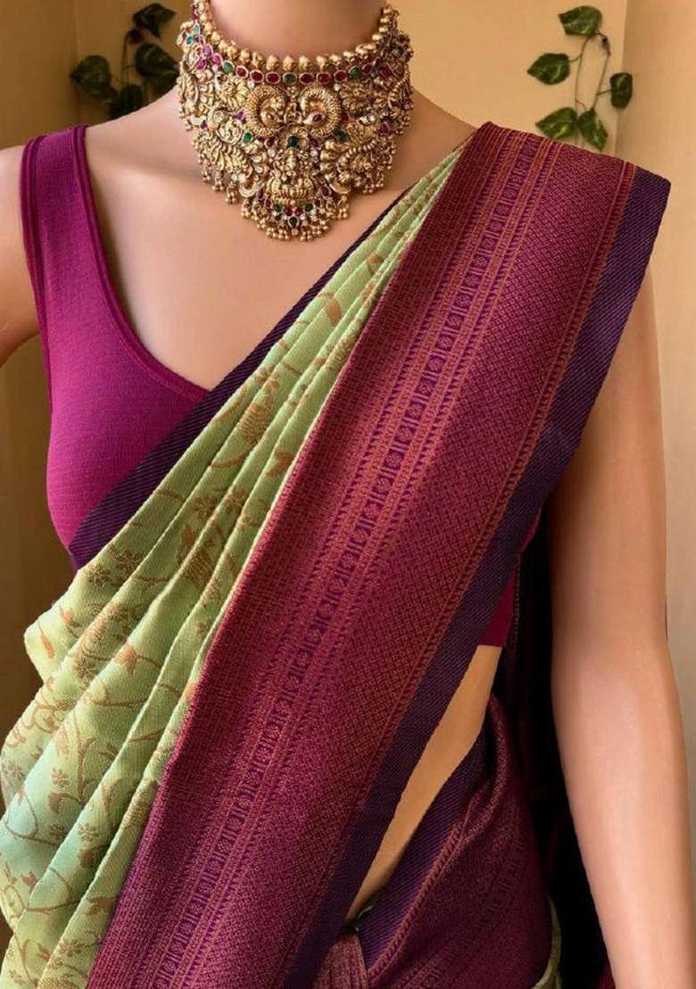 Green Zari Weaving Silk Saree Set for Diwali | Wedding & Festive Wear - Indya