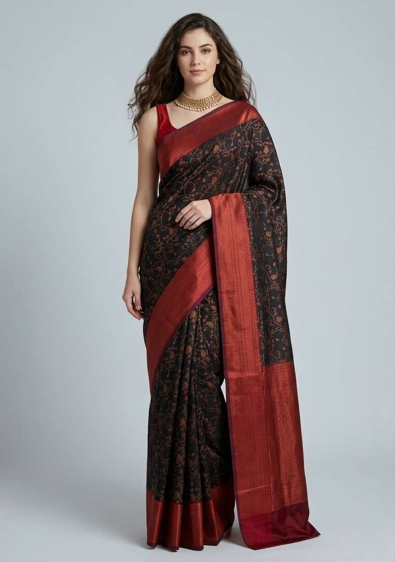 Black Zari Weaving Silk Saree Set for Diwali | Wedding & Festive Wear - Indya