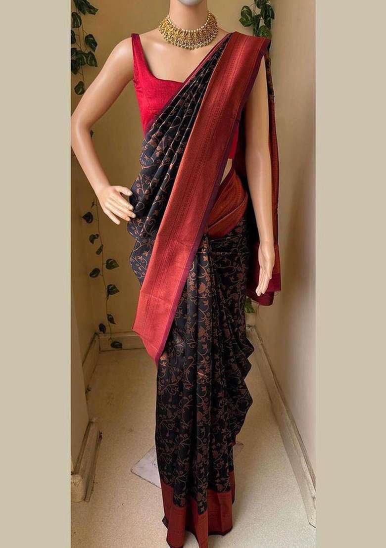Black Zari Weaving Silk Saree Set for Diwali | Wedding & Festive Wear - Indya
