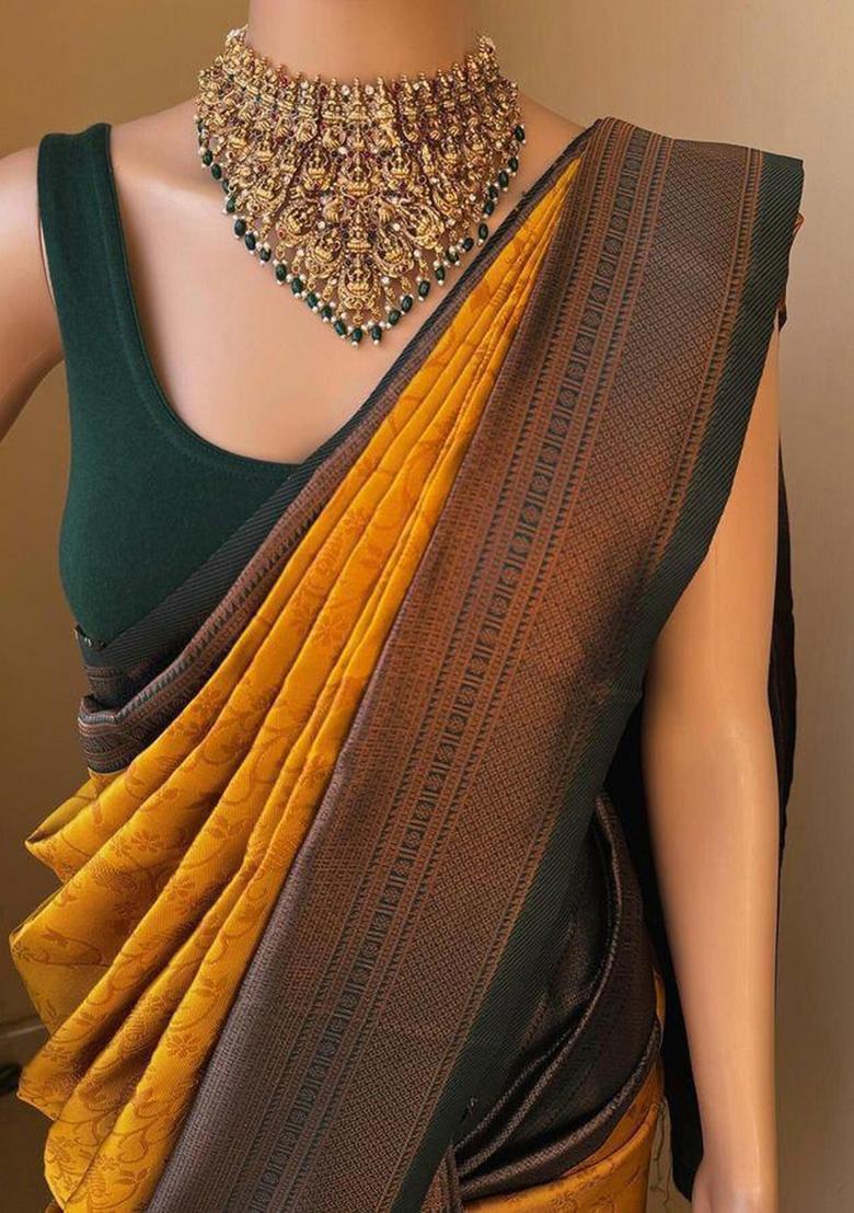 Yellow Zari Weaving Silk Saree Set - Indya