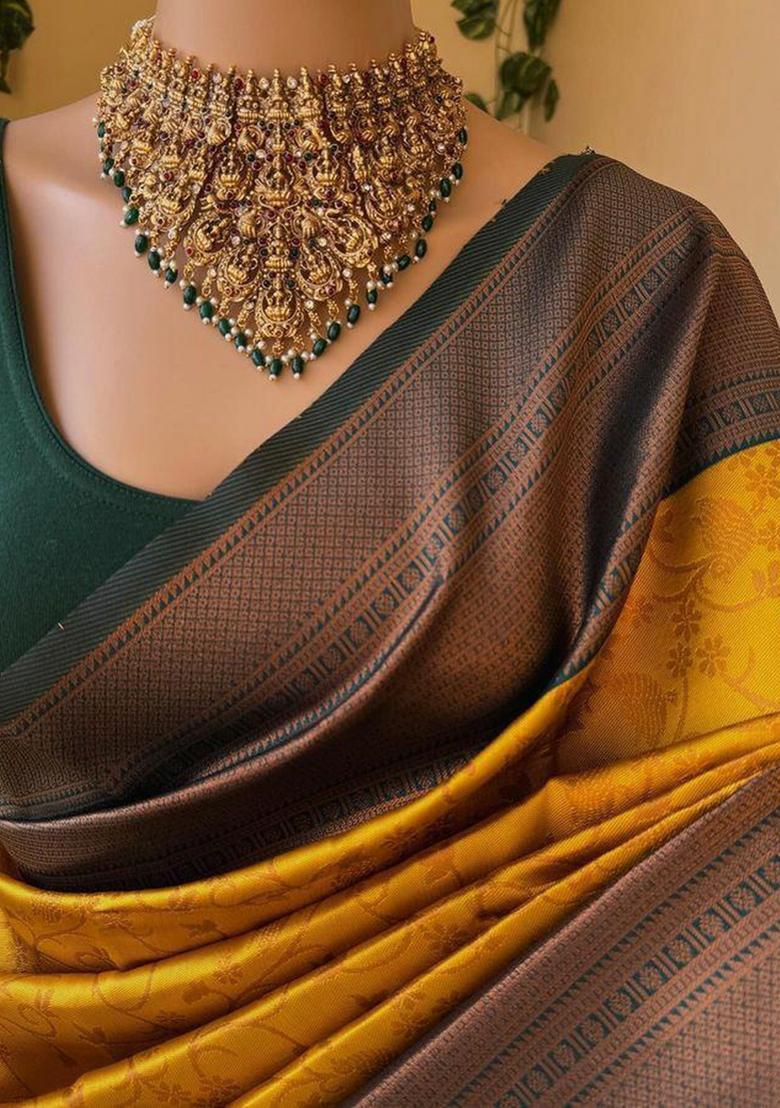 Yellow Zari Weaving Silk Saree Set - Indya