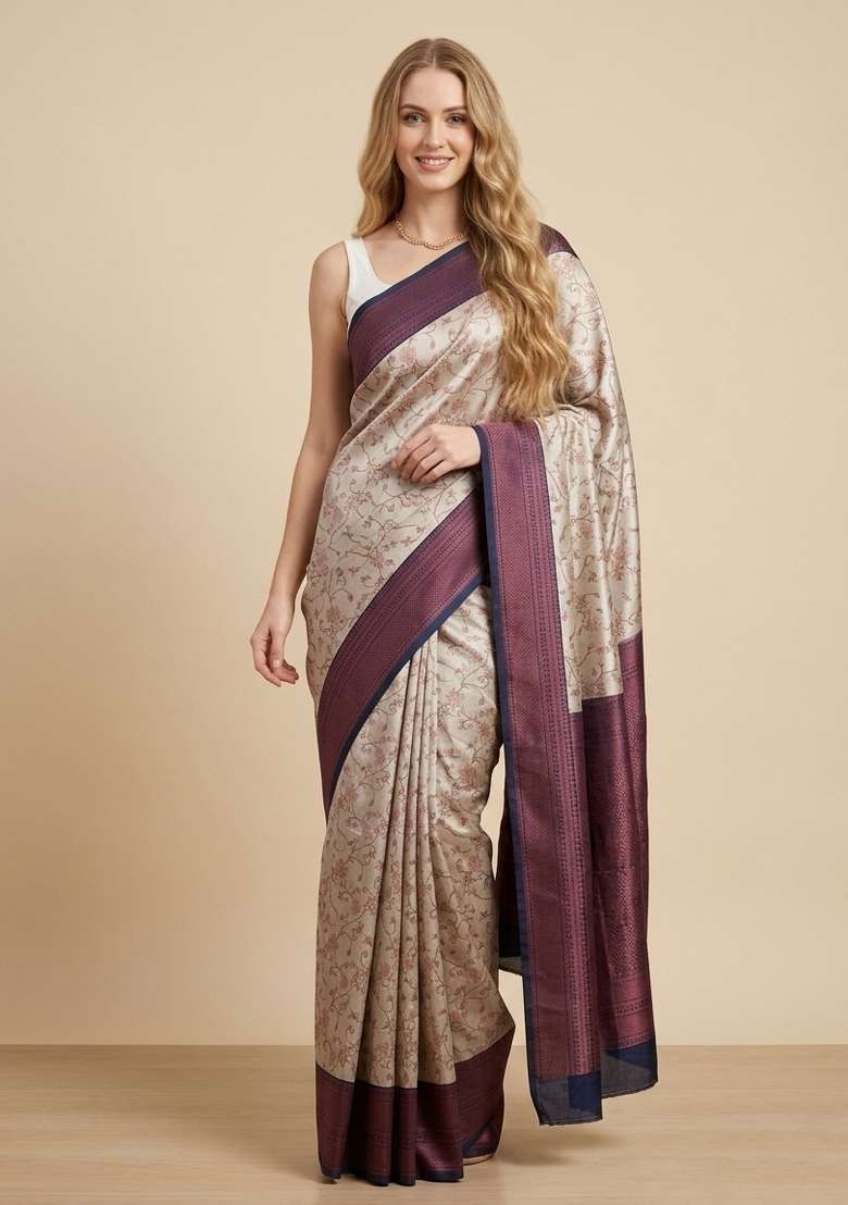 Cream Zari Weaving Silk Saree Set for Diwali and Festive Wear - Indya