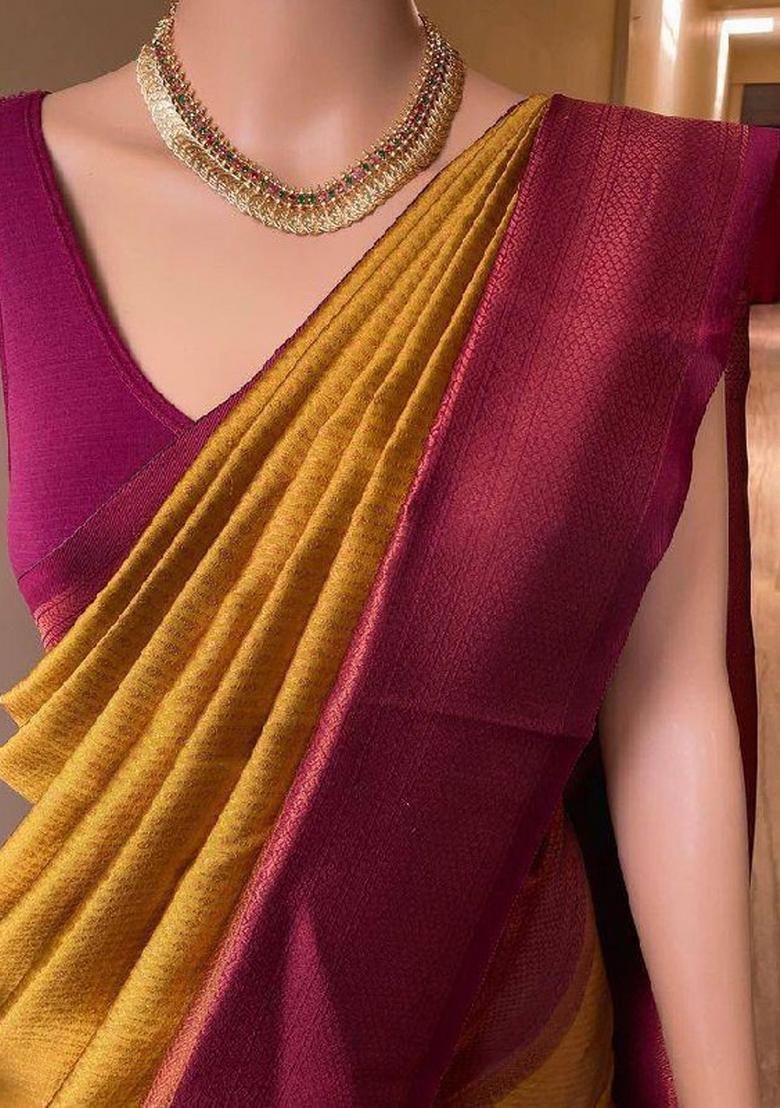 Yellow Zari Weaving Silk Saree Set - Indya