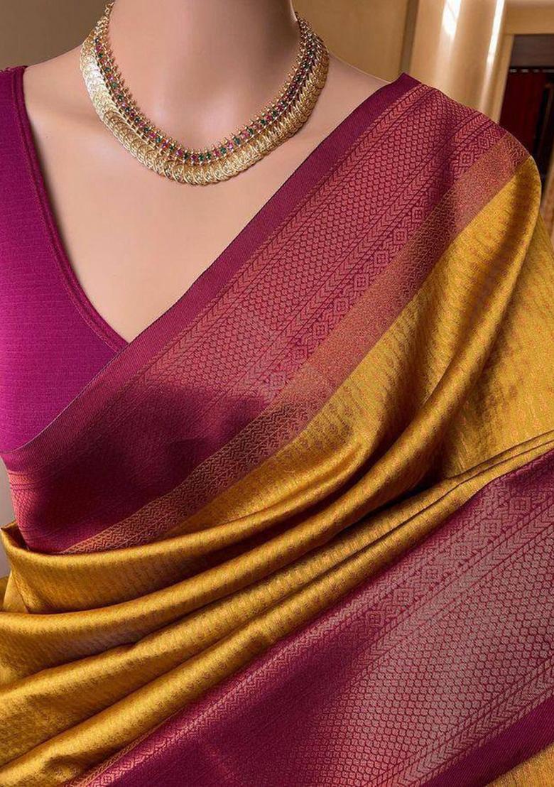 Yellow Zari Weaving Silk Saree Set - Indya