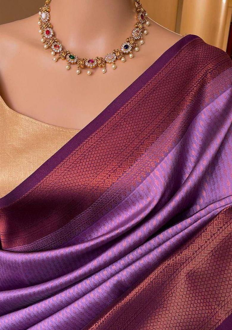 Lavender Zari Weaving Silk Saree Set - Indya