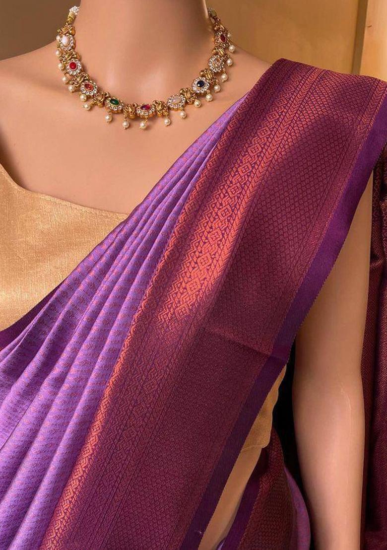 Lavender Zari Weaving Silk Saree Set - Indya