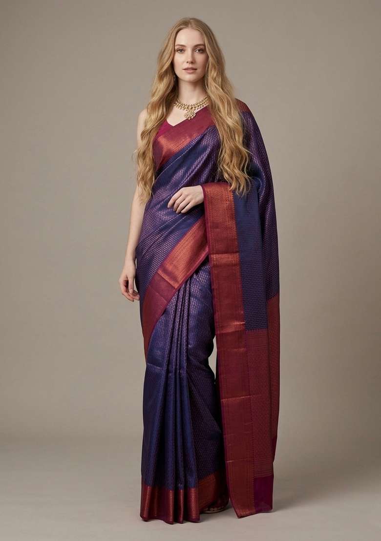Blue Zari Weaving Silk Saree Set for Diwali | Wedding & Festive Wear - Indya