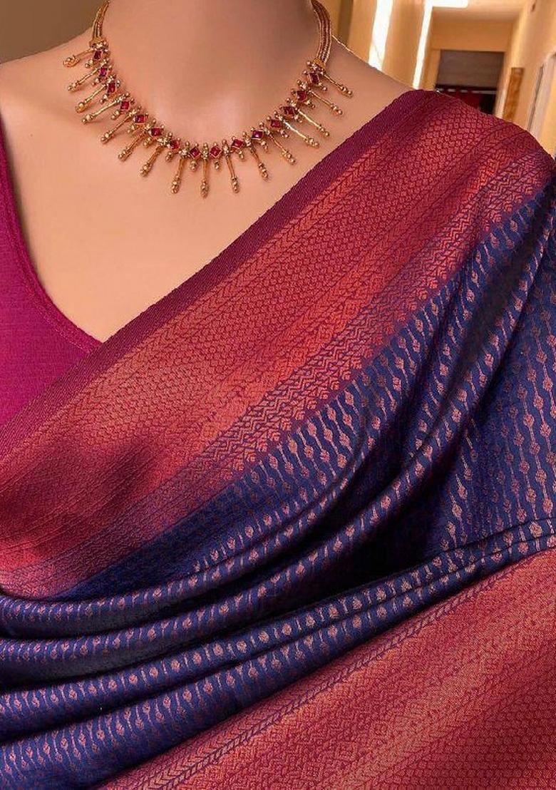 Blue Zari Weaving Silk Saree Set - Indya