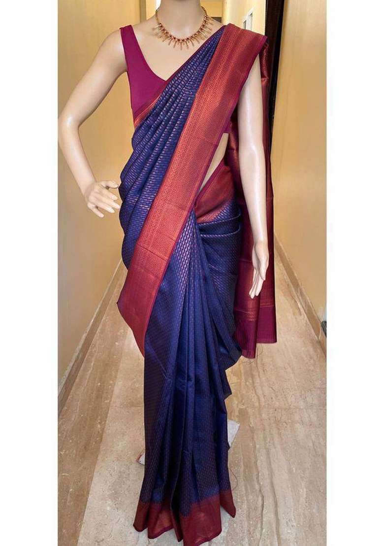 Blue Zari Weaving Silk Saree Set for Diwali | Wedding & Festive Wear - Indya