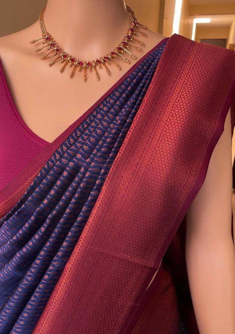Blue Zari Weaving Silk Saree Set - Indya