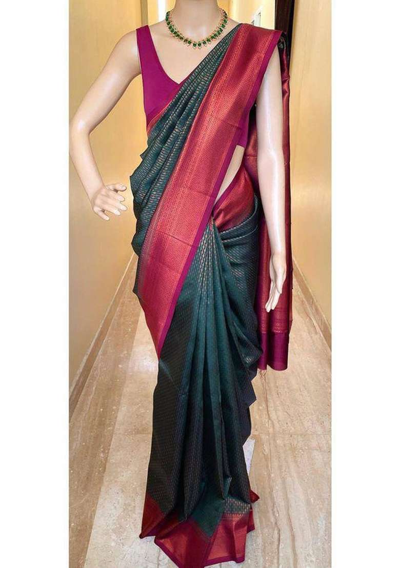 Green Zari Weaving Silk Saree Set for Diwali | Wedding & Festive Wear - Indya