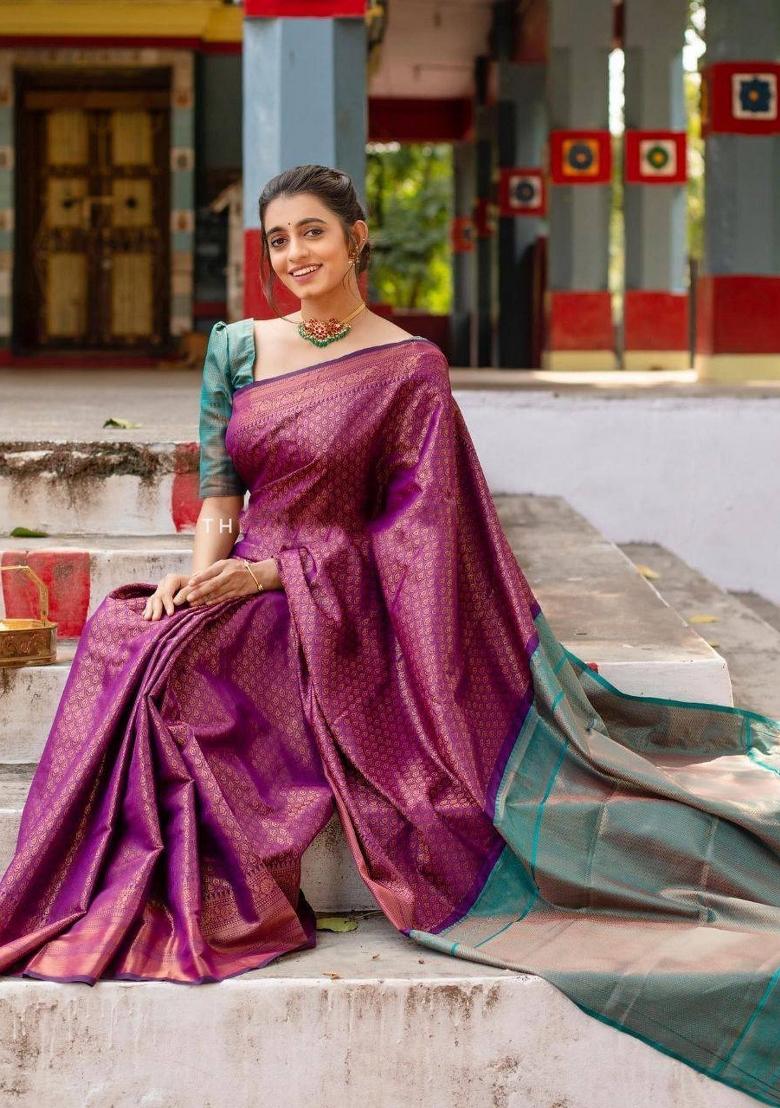 Magenta Zari Weaving Silk Saree Set - Indya