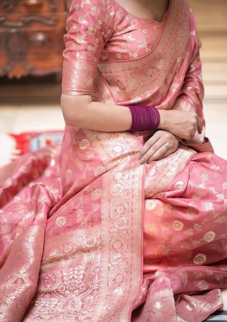 Peach Zari Weaving Silk Saree Set - Indya