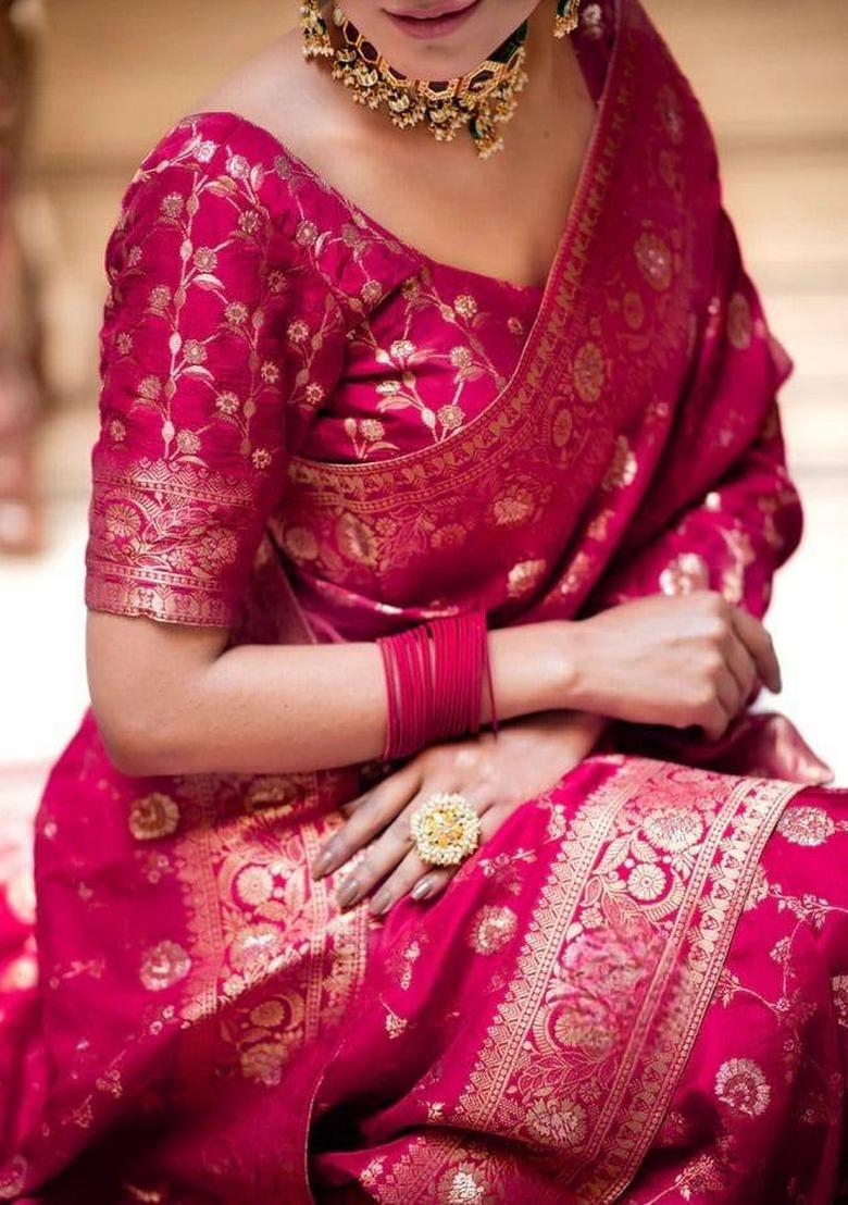 Pink Zari Weaving Silk Saree Set - Indya