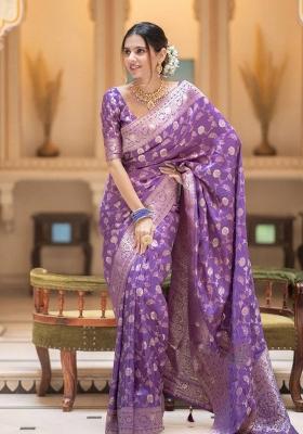 Lavender Zari Weaving Silk Saree Set