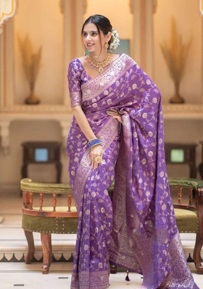 Lavender Zari Weaving Silk Saree Set for Diwali | Wedding & Festive Wear - Indya