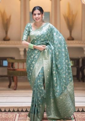 Sea Green Zari Weaving Silk Saree Set